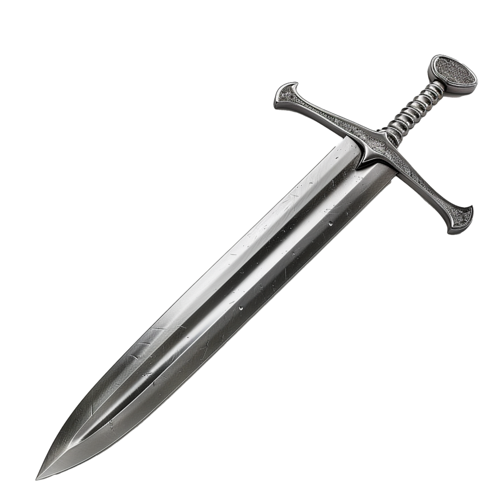 A long silver medievalstyle sword with ornate crossguard and pommel png