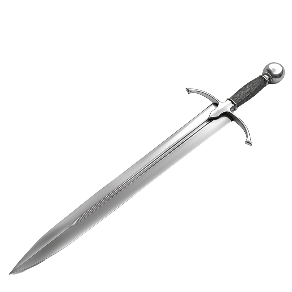 A Gleaming Medieval Longsword Displayed Against a Vertical Striped Background png