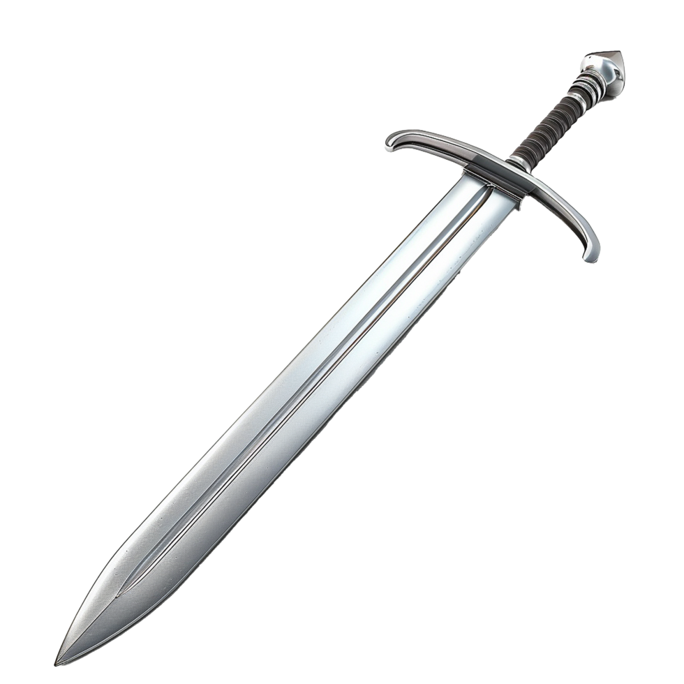 A gleaming silver longsword with a black leather wrapped hilt a medieval weapon of war png