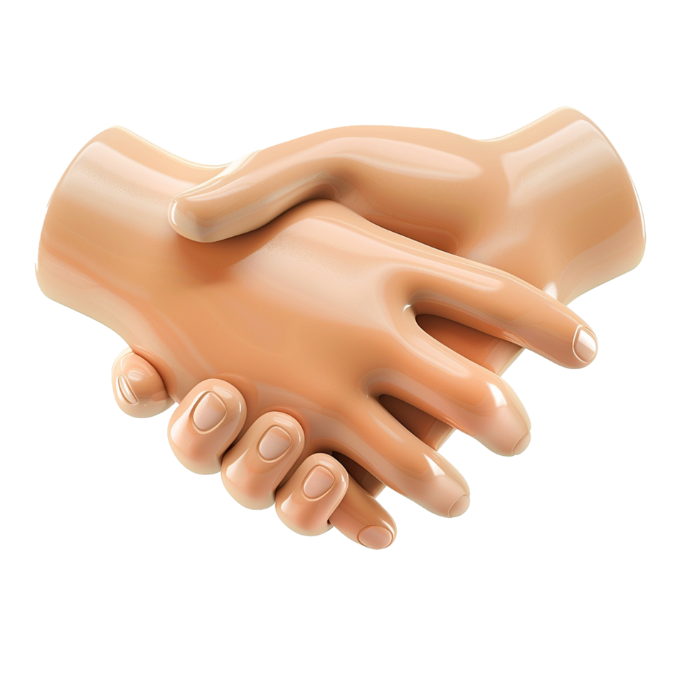 A 3D rendering of two hands clasped together in a firm handshake symbolizing partnership, cooperation, and agreement png