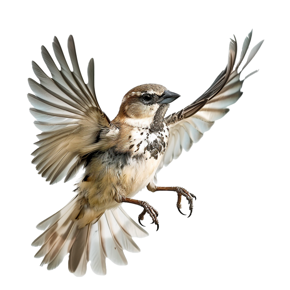 A Stunning Closeup of a Sparrow in Flight Wings Spread Wide Detailed Feathers png