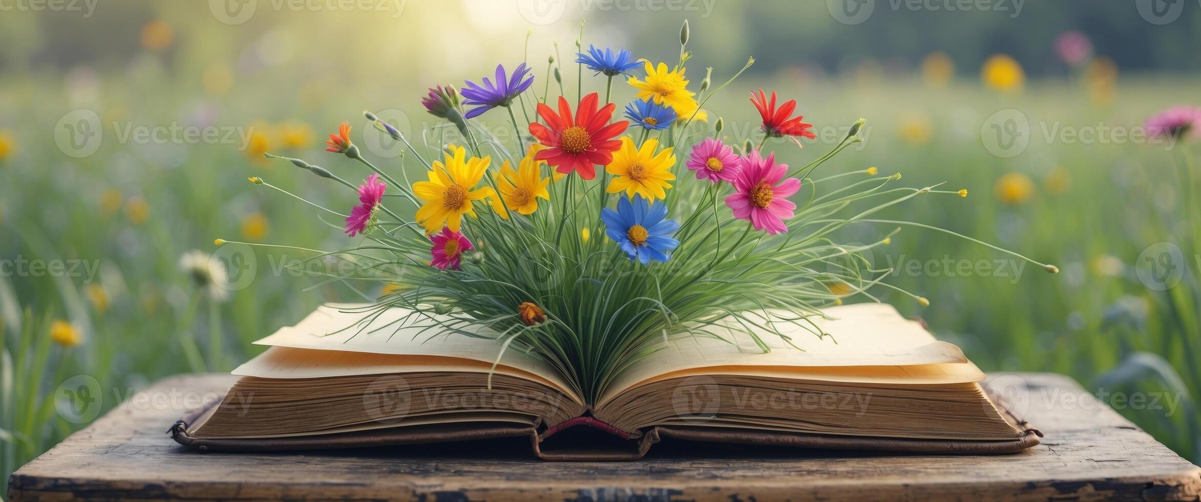 Blooming Ideas Vibrant Flowers Emerging from Open Notebook on School Desk in Lush Field. photo