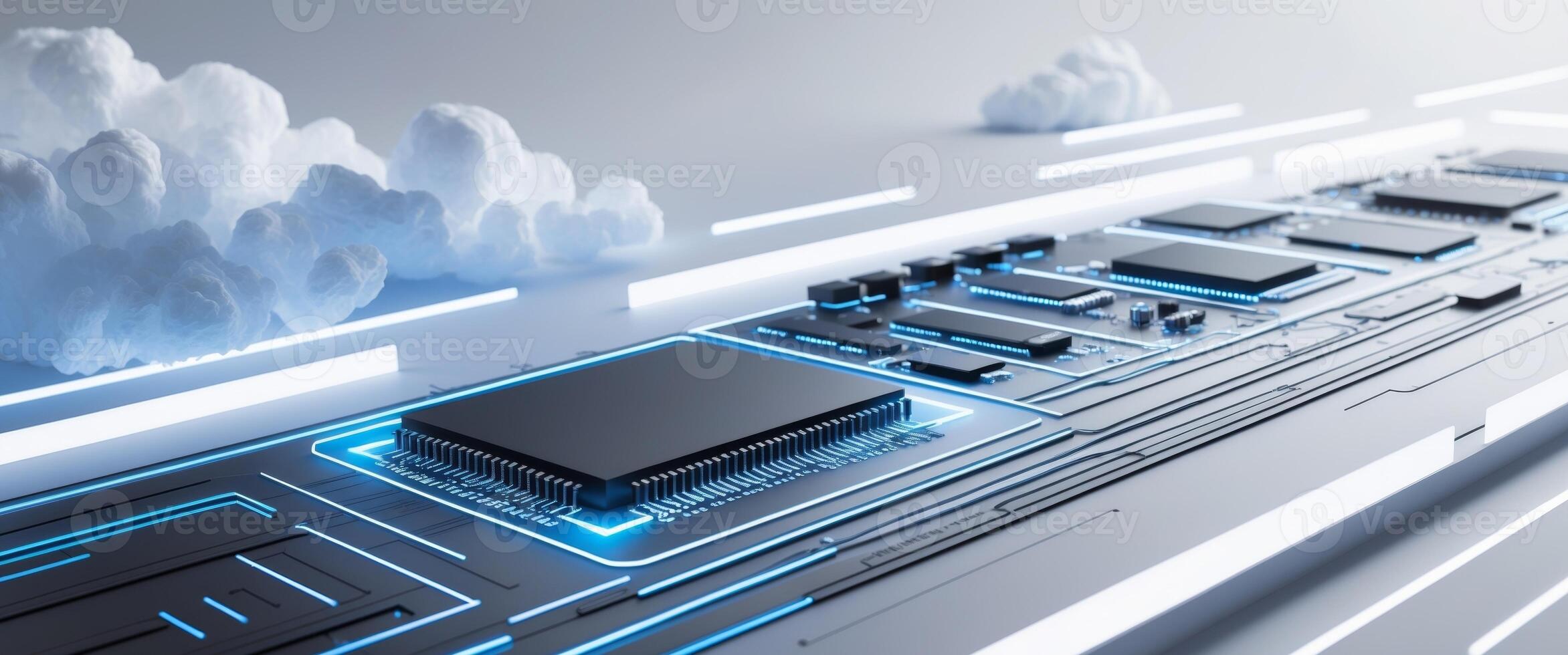 Circuit board with glowing light and cloud computing concept. photo