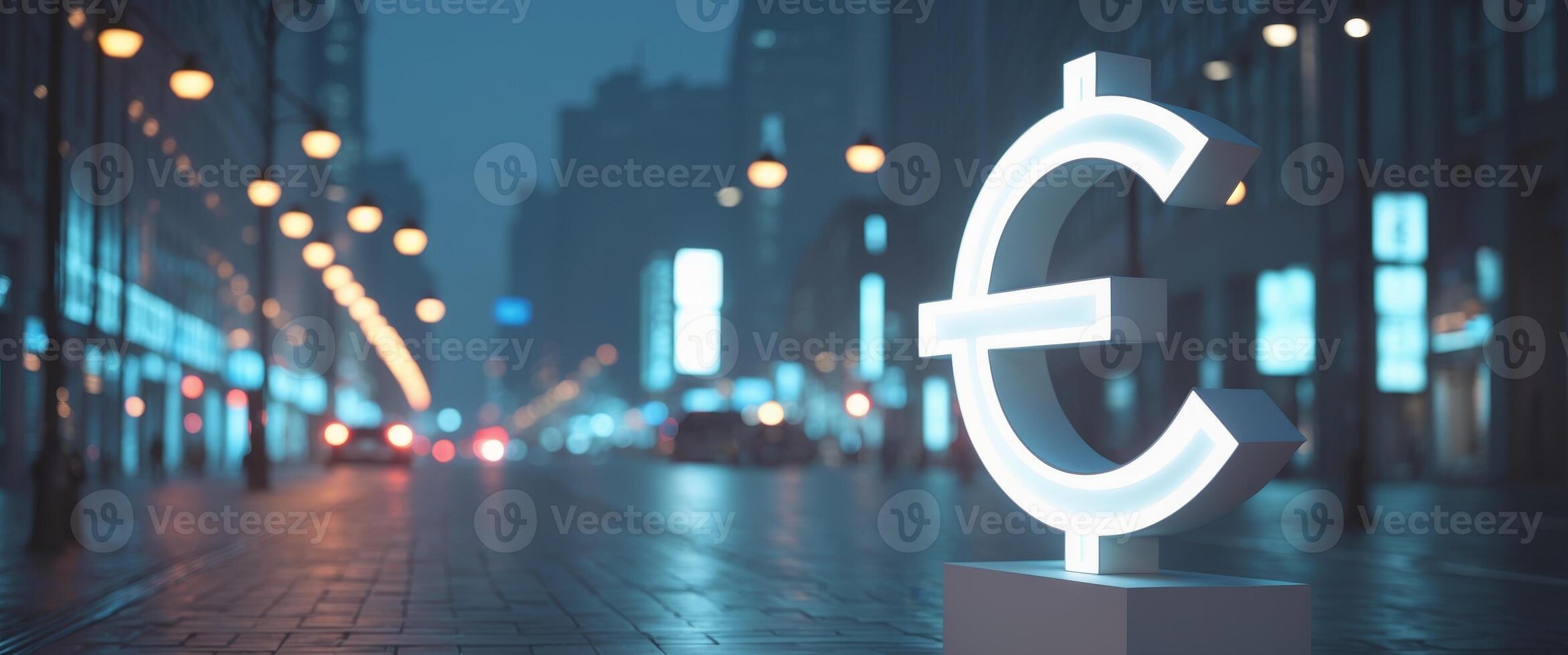 Euro Symbol Illuminated on City Street at Night. photo