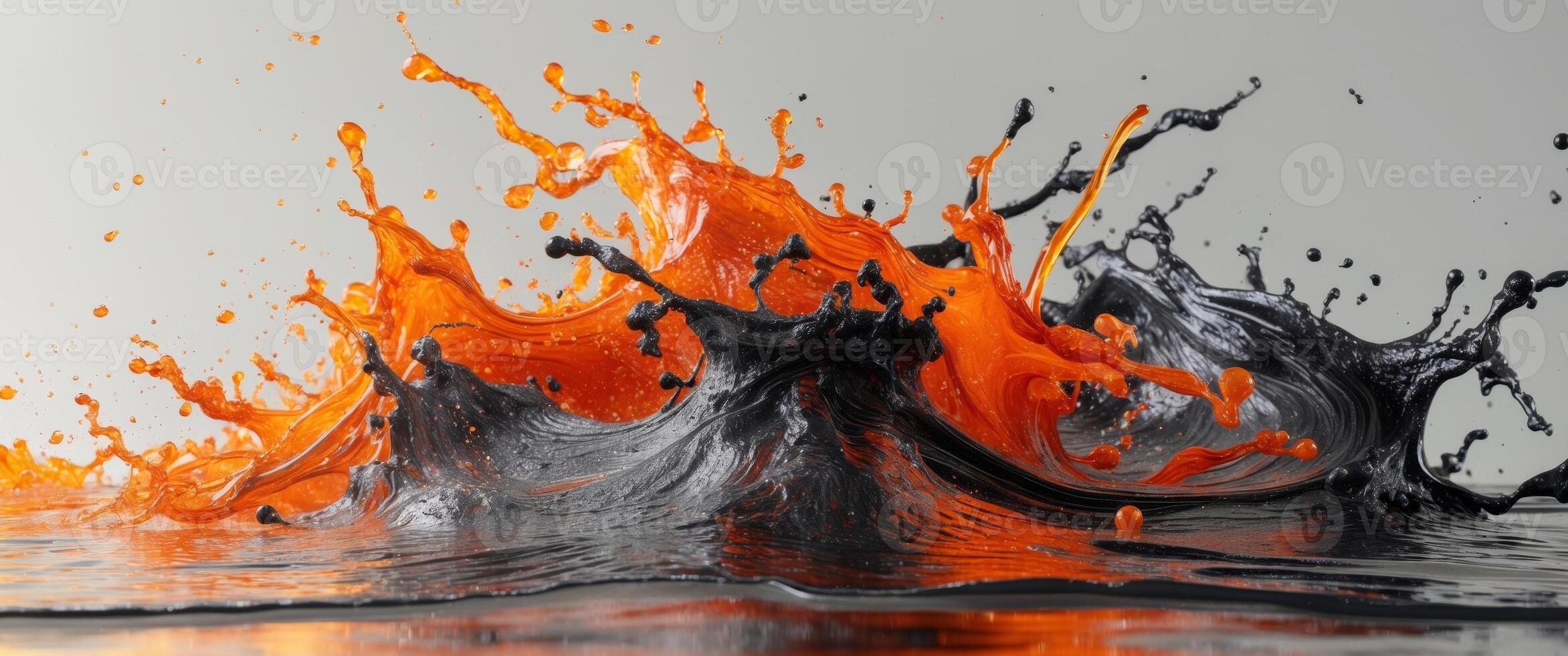 Fiery liquid splash with swirling orange and black fluid dynamics photo