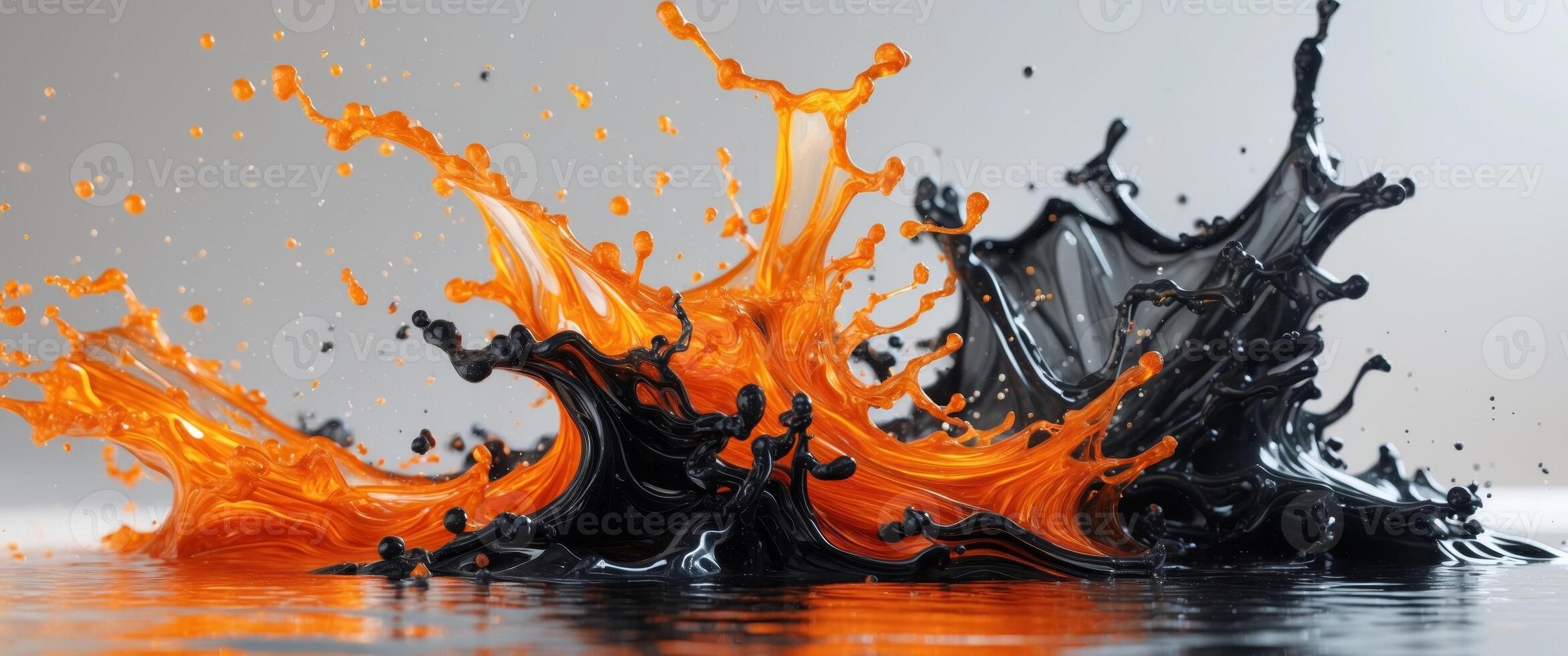 Fiery liquid splash with swirling orange and black fluid dynamics. photo