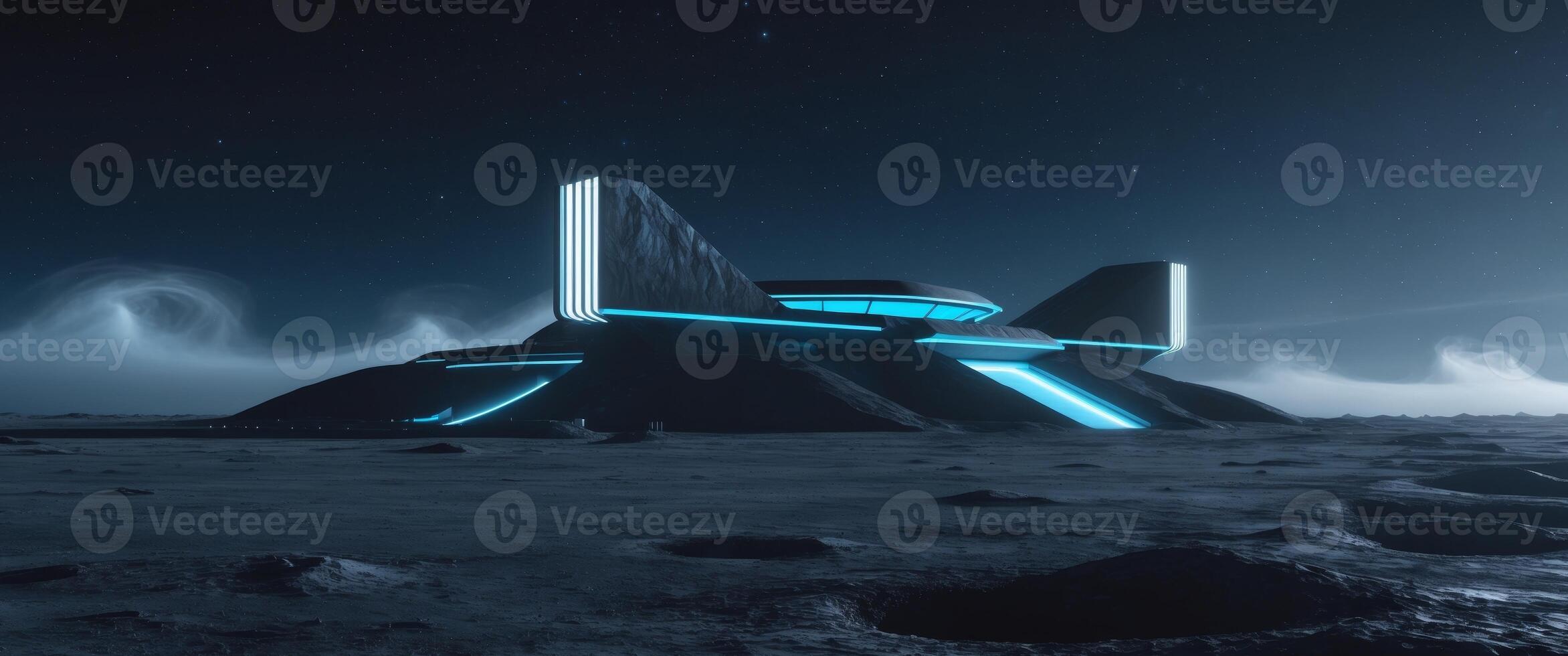 Lunar base with illuminated structures on a dark alien landscape photo