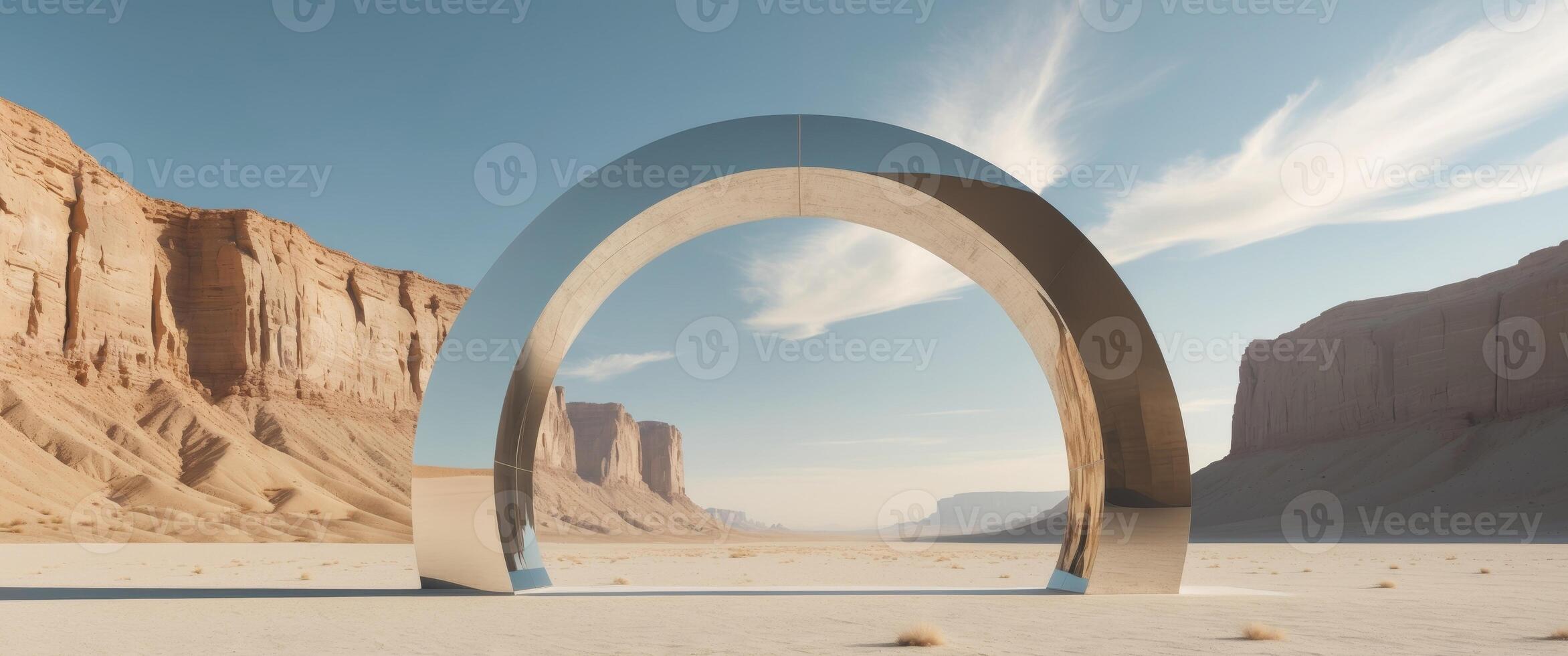 Reflective archway standing in the middle of a vast desert with towering cliffs in the background photo