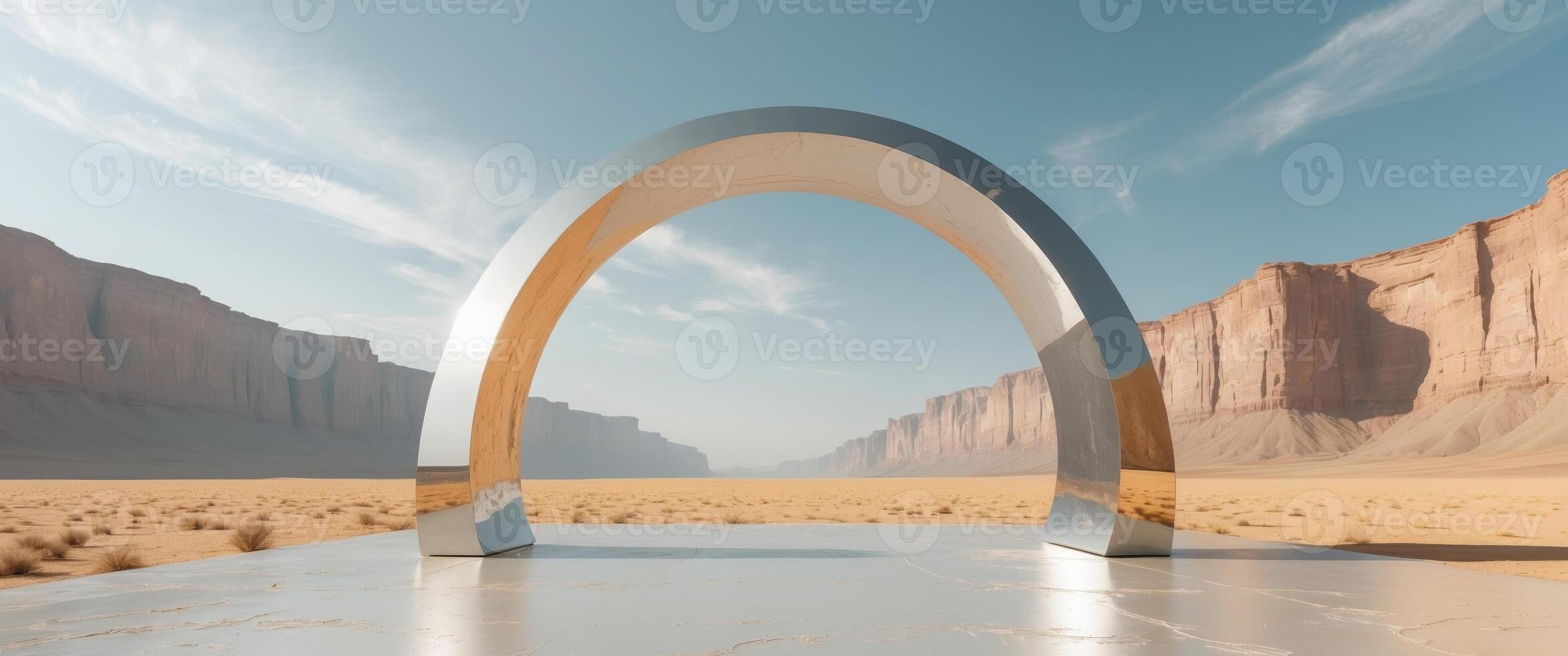 Reflective archway standing in the middle of a vast desert with towering cliffs in the background. photo