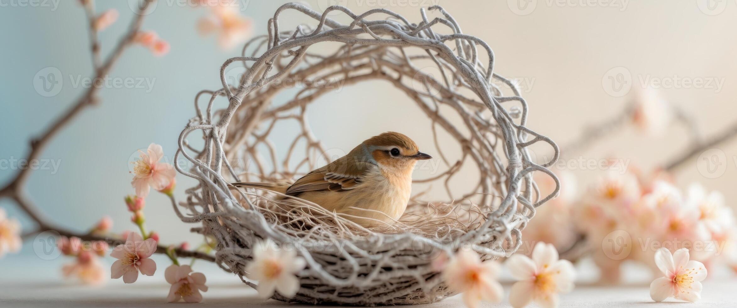 Small bird nesting within intricate woven twig structure surrounded by delicate blossoms. photo