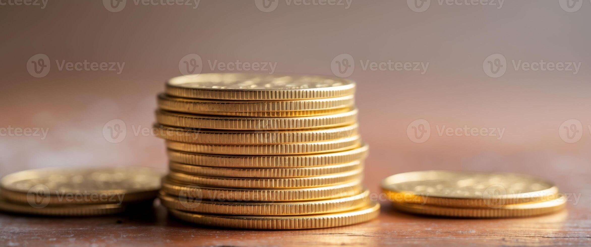 Stacked Gold Coins on a Wooden Table Background with Soft Light photo
