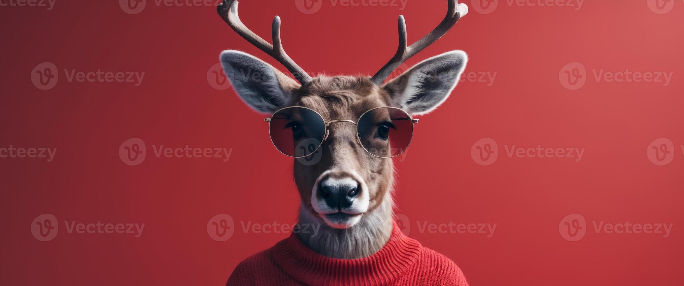 Stylish Reindeer in Sunglasses Wearing a Red Sweater on Red Background. photo