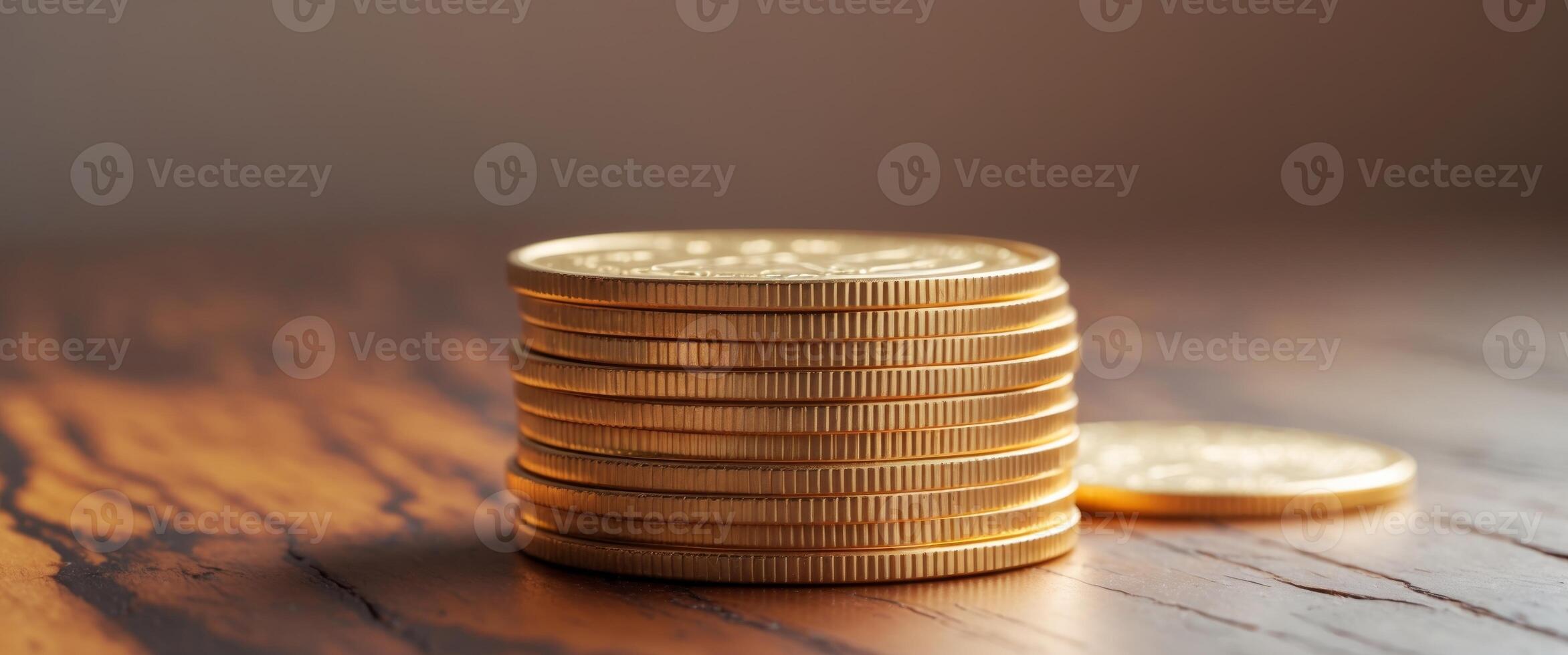 Stacked Gold Coins on a Wooden Table Background with Soft Light. photo