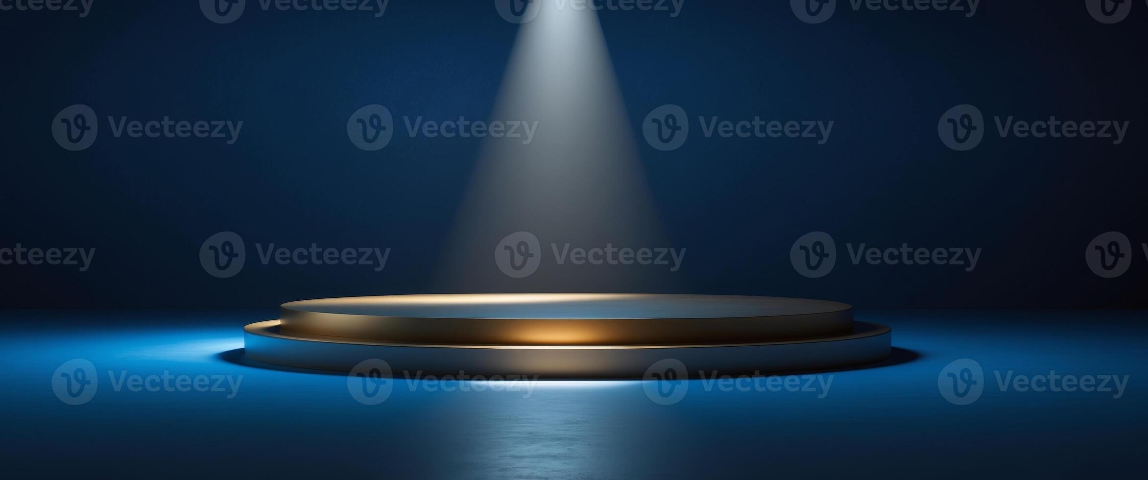 A dark blue background with a spotlight shining down on a gold platform photo