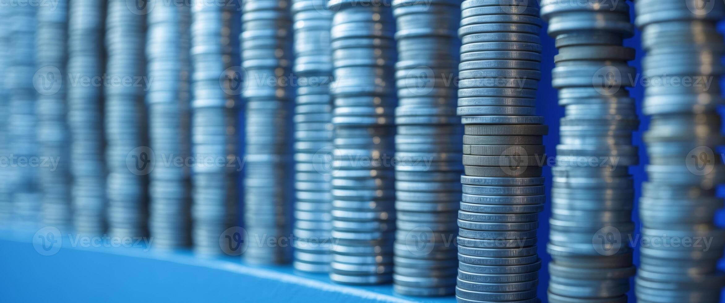 A number of stacks of coins are attached to the wall with a blue background. photo