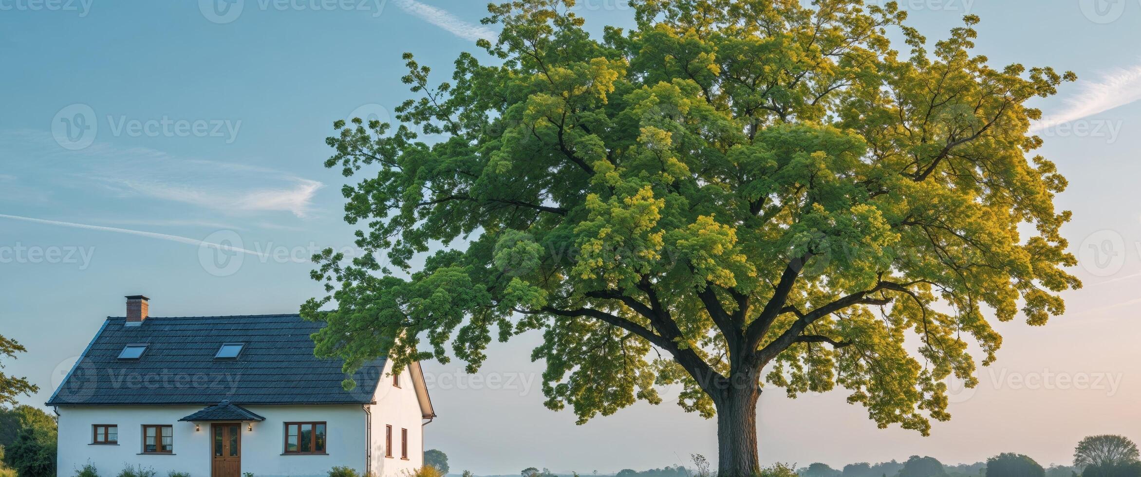 Cozy white house beside a vibrant tree in a serene rural landscape during daytime. photo