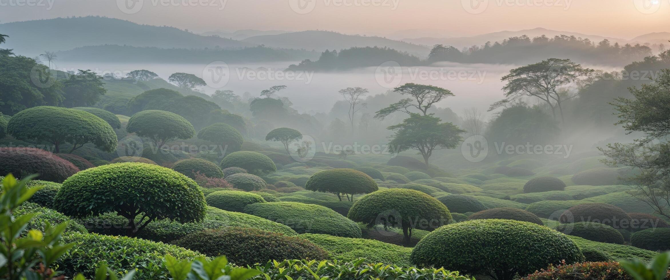 Serene tea garden landscape at sunrise with lush greenery and misty hills creating a tranquil and picturesque natural setting photo
