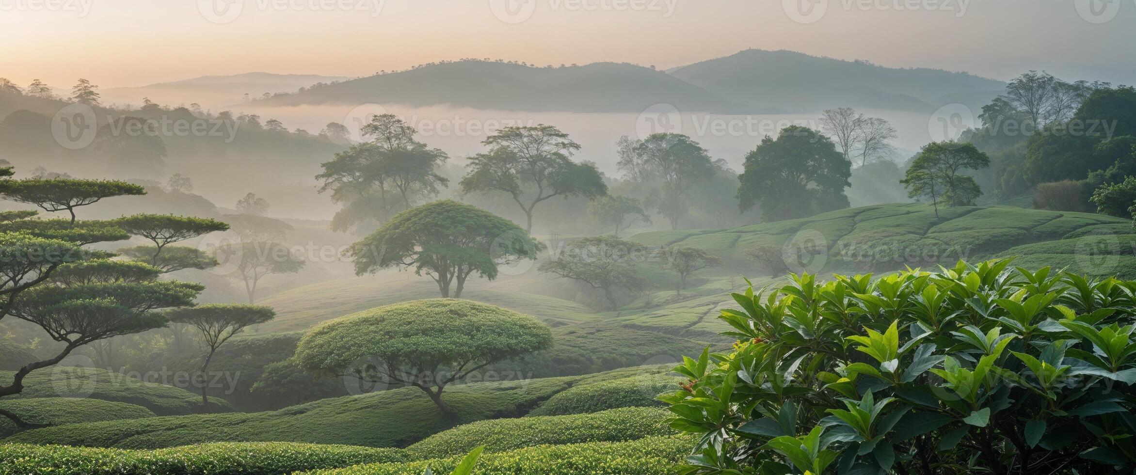 Serene tea garden landscape at sunrise with lush greenery and misty hills creating a tranquil and picturesque natural setting. photo