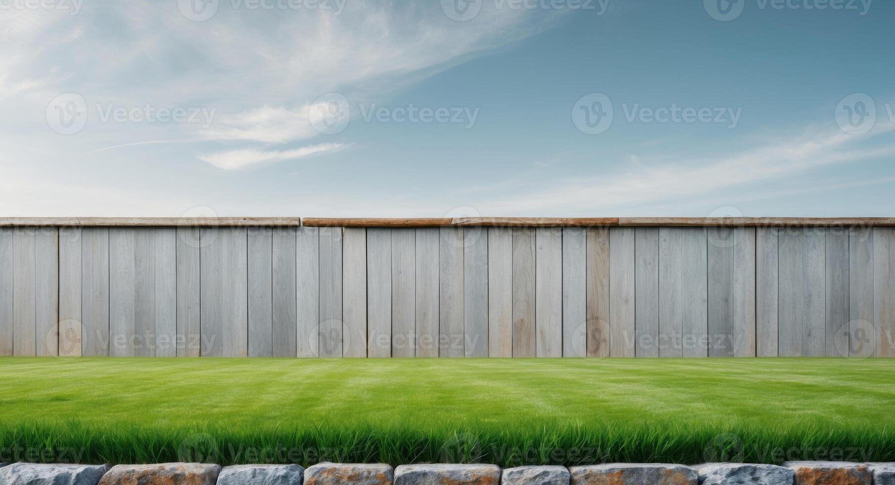 A lush green lawn with a stone border and a wooden fence photo