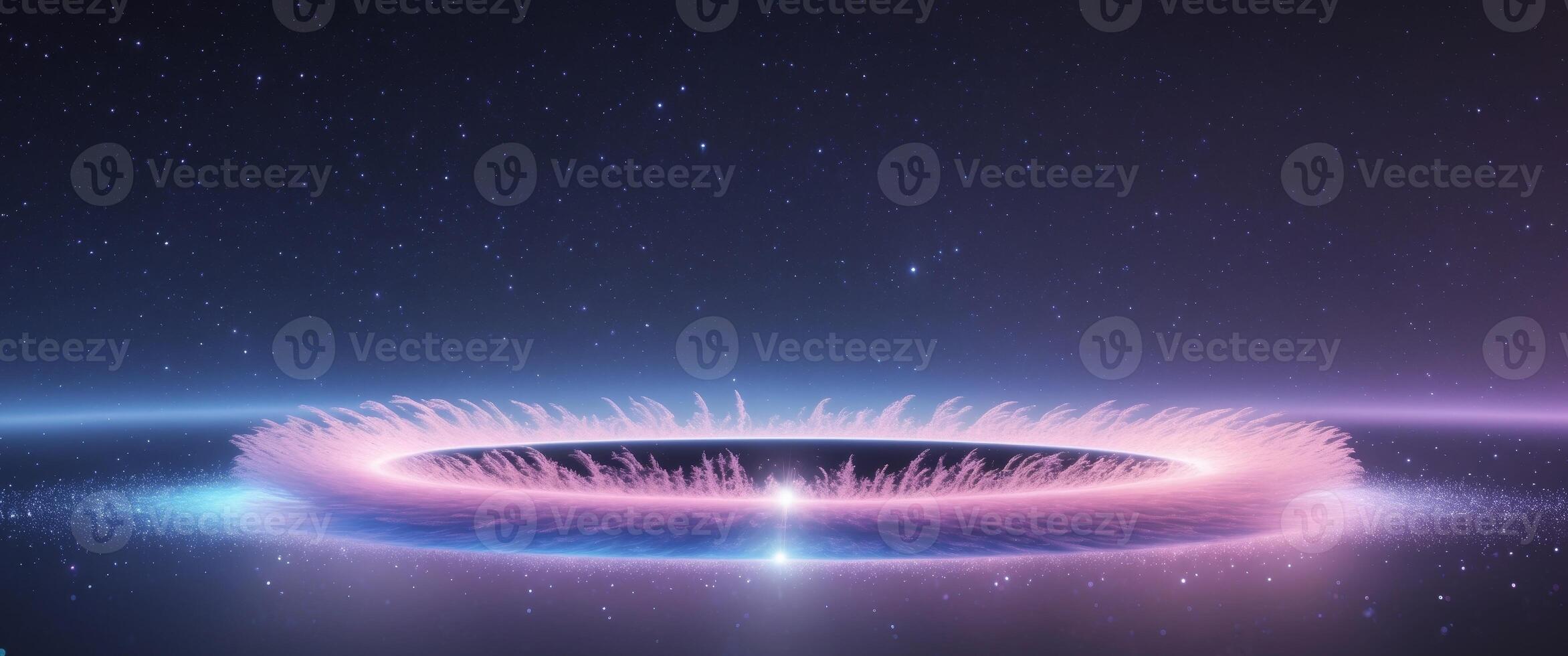 A cosmic ring of pink and blue light swirling in a vast expanse of dark space with stars photo