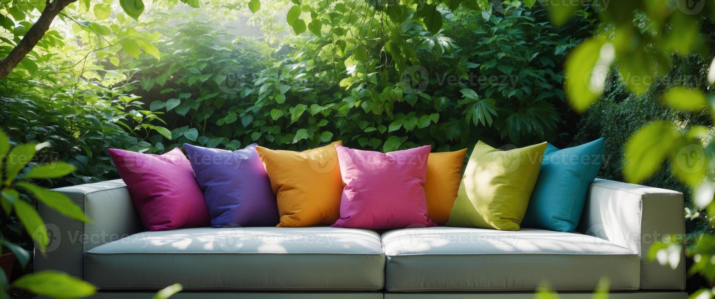 Cozy patio with colorful cushions and lush greenery in background photo