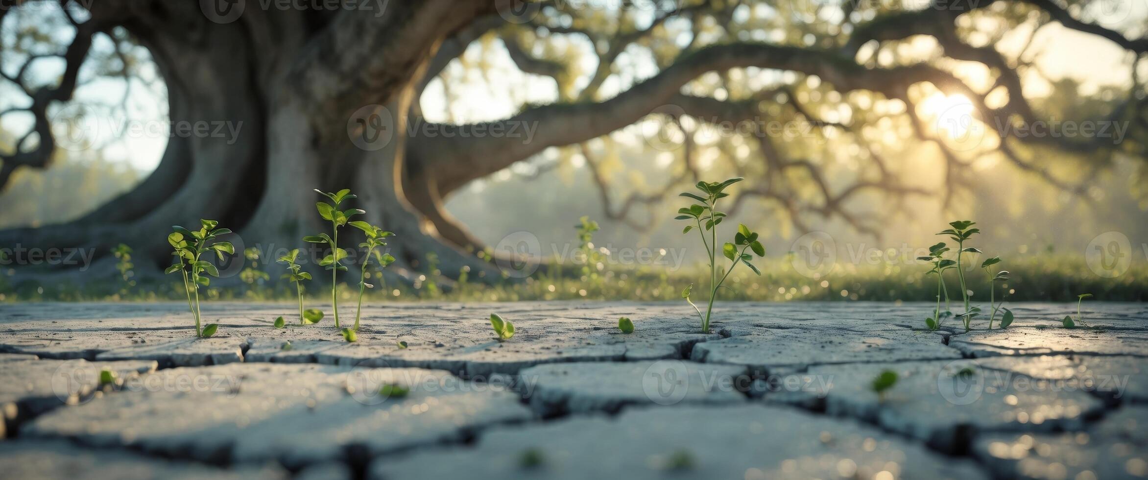 Hope and Resilience Through New Growth in Cracked Concrete Under Soft Sunlight Shadowing a Big Tree. photo