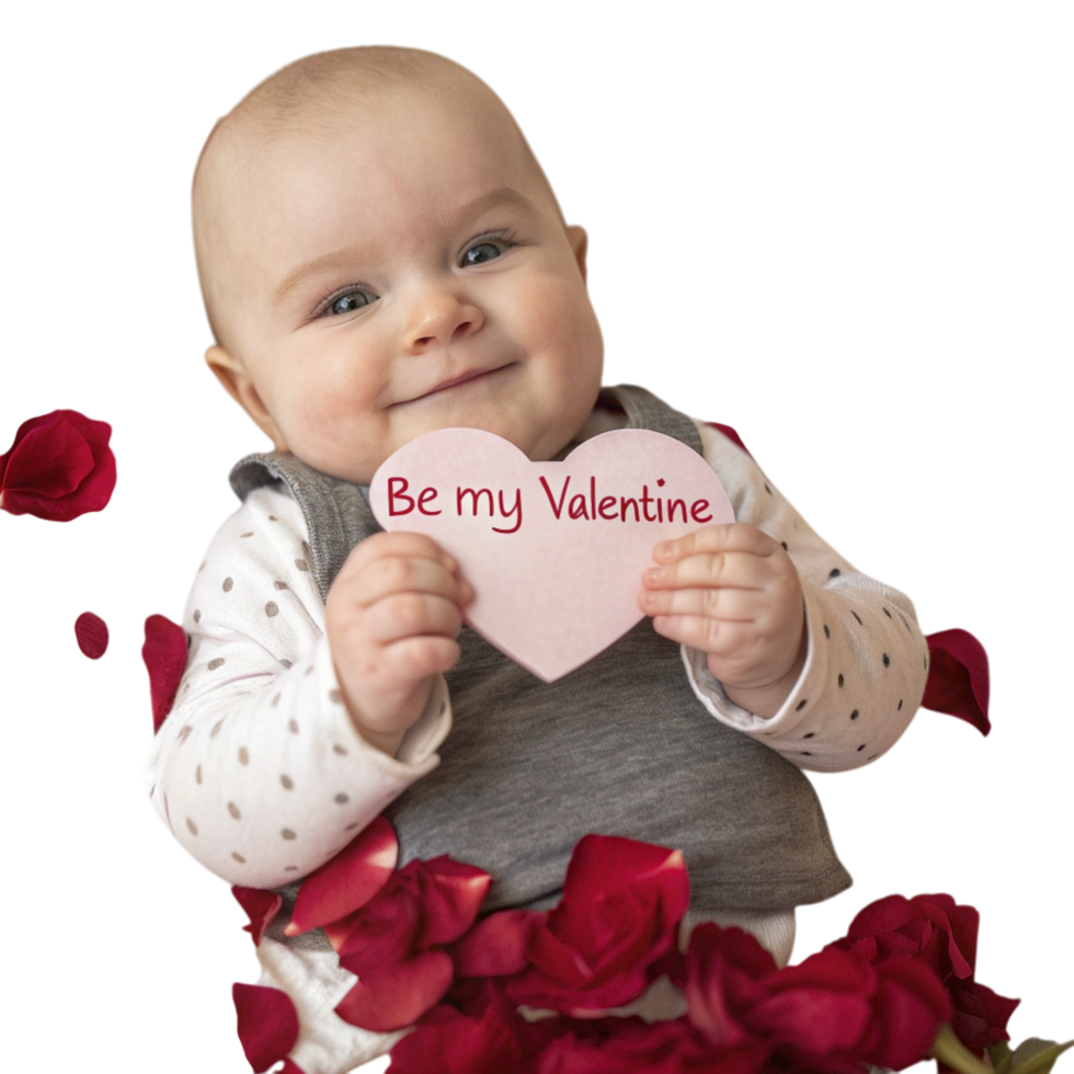 serene infant smiling gently while holding felt heart png