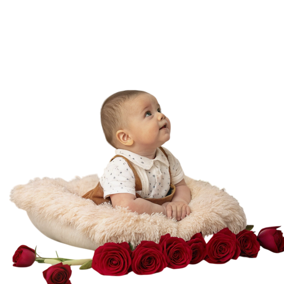 chubby-cheeked baby perched on cloud-like velvet cushion png