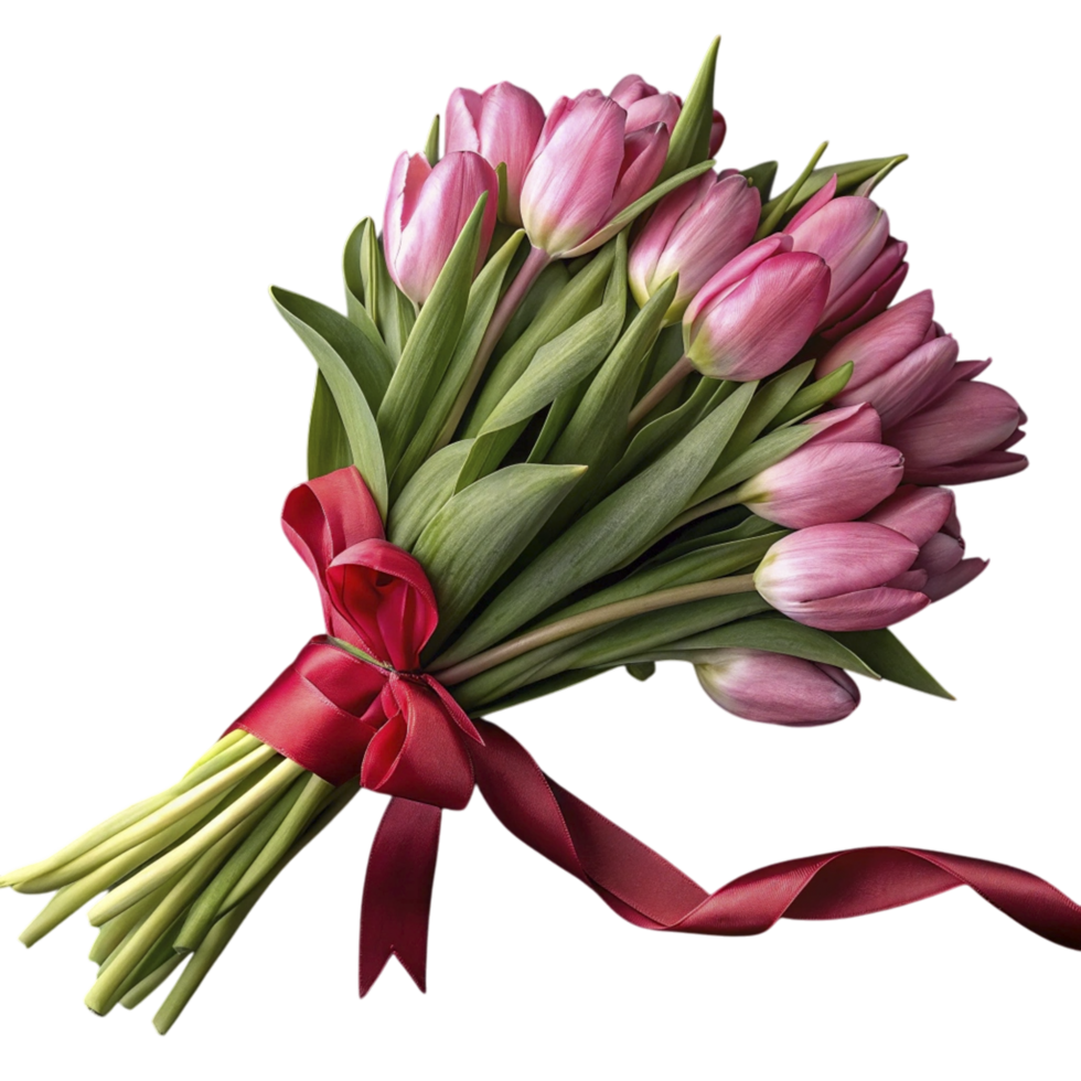 soft pink tulip bunch secured with satin crimson ribbon png