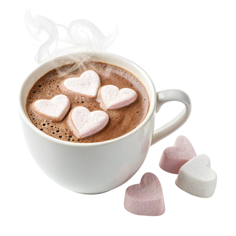 hot cocoa with heart marshmallows in rustic mug png