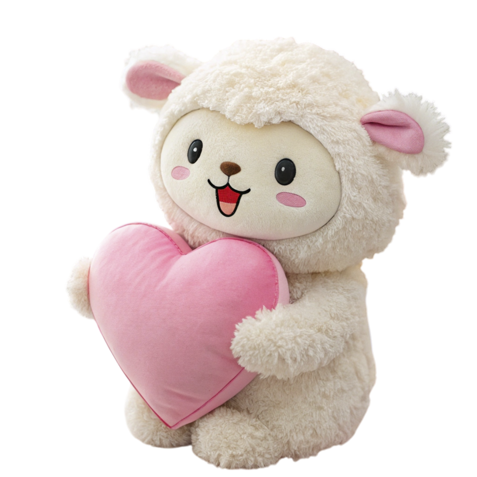fluffy stuffed toy clutching heart pillow on pastel backdrop png