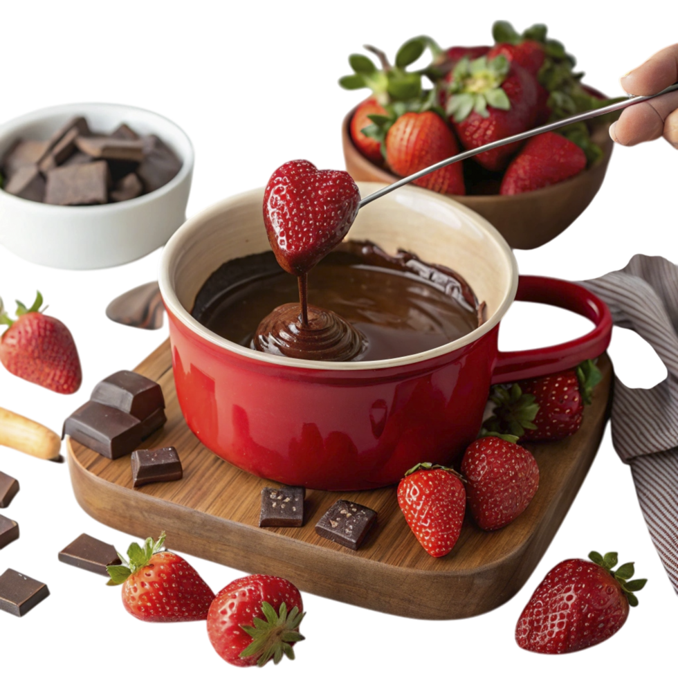 chocolate fondue pot with heart dippers on rustic table png