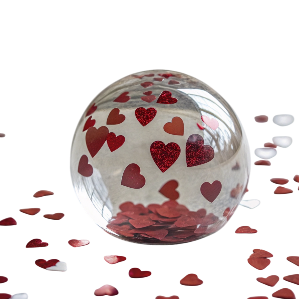 glass paperweight with suspended red heart confetti png