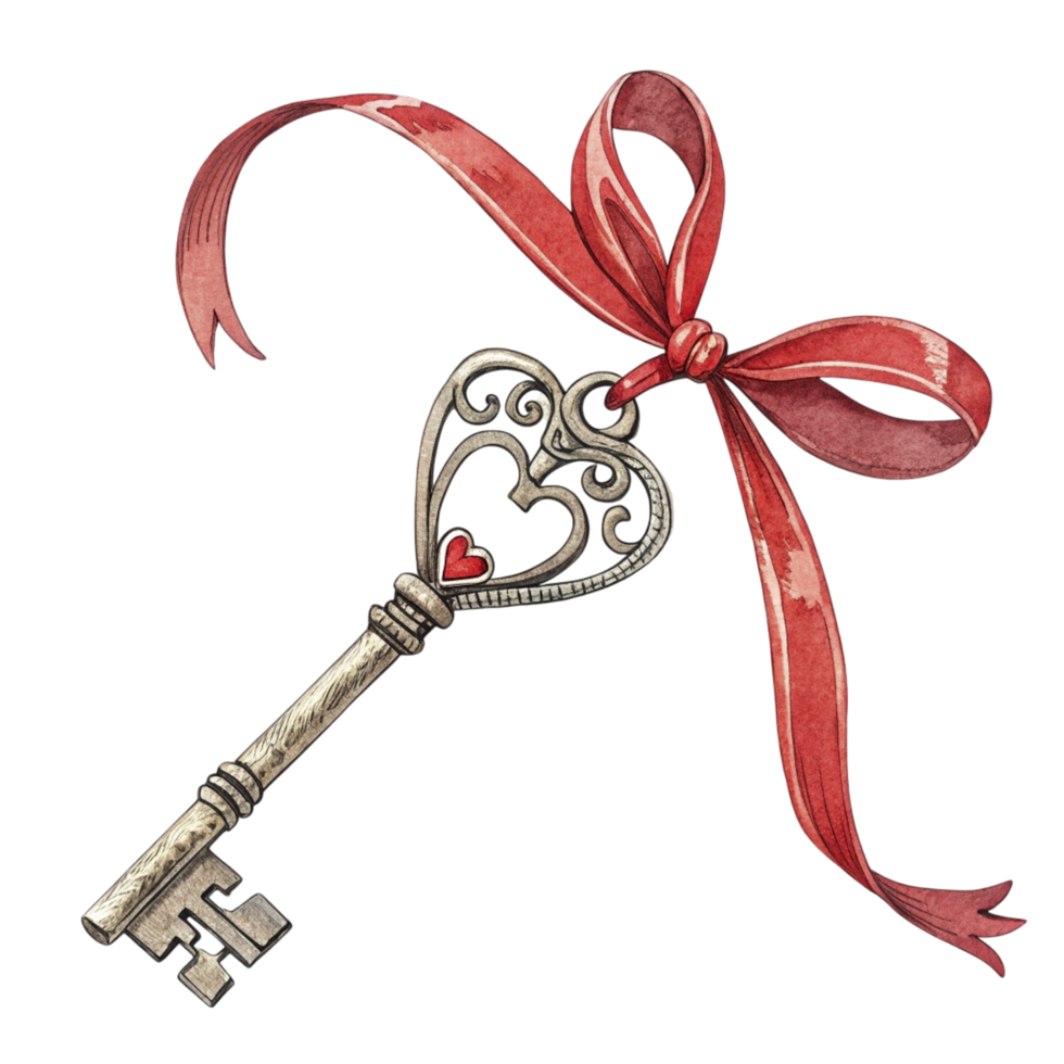 heart key with red ribbon on rustic background png