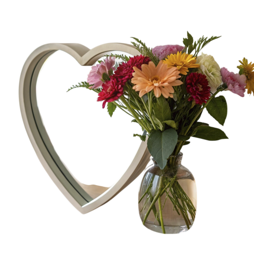 heart mirror reflecting floral bouquet on table png