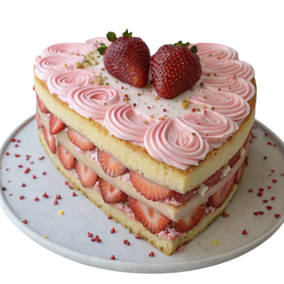A strawberry cake with a heart shape on top png