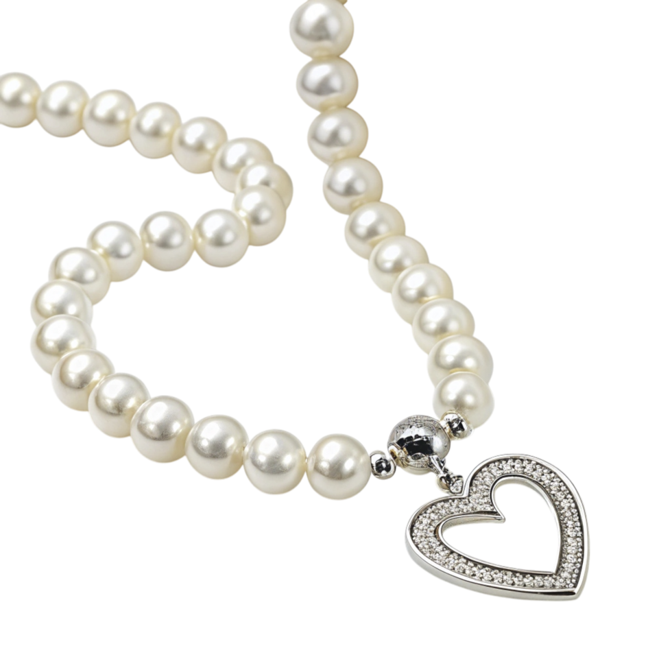 A pearl necklace with a heart shaped pendant png