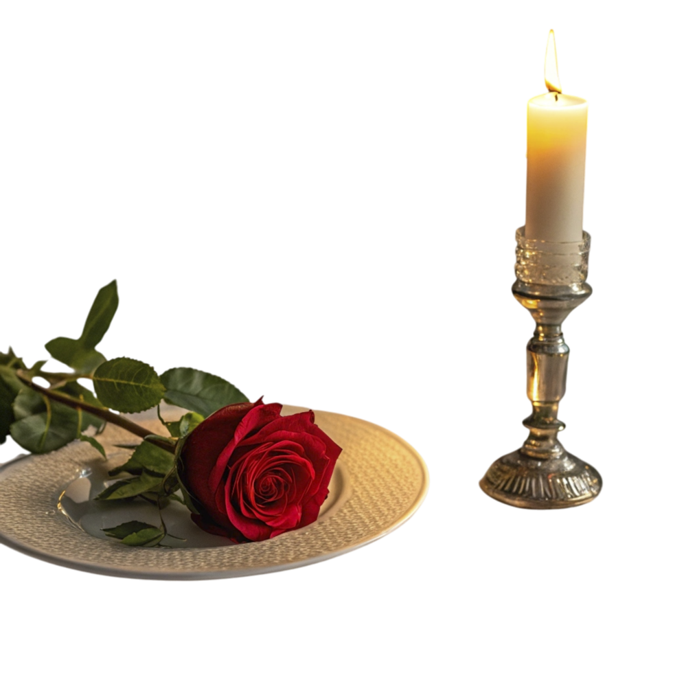 A single rose and candle on a plate png