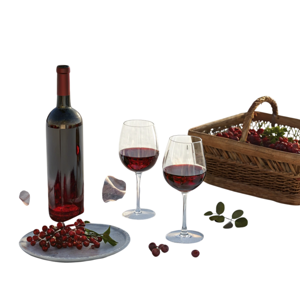 Wine and basket of berries on a table png
