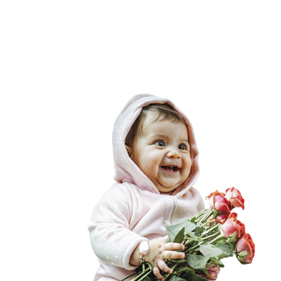 A baby in a pink hoodie holding a bunch of roses png