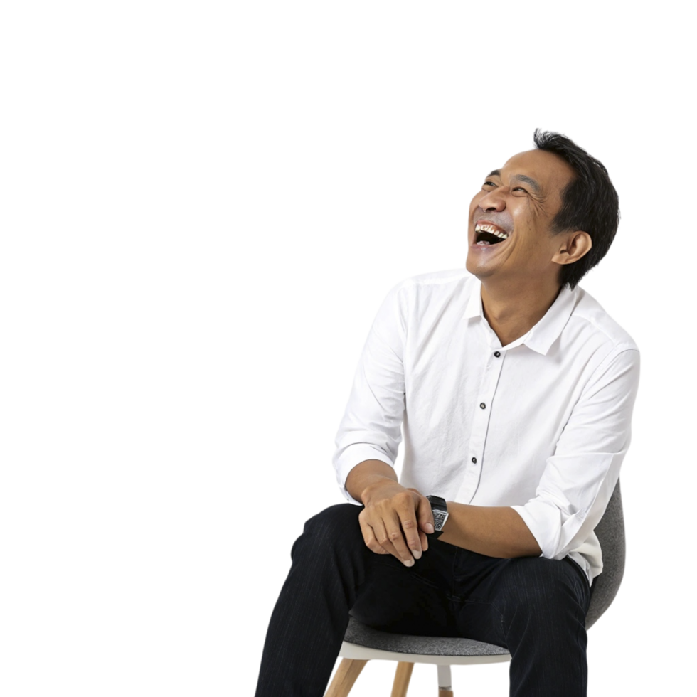 A man sitting on a chair laughing and smiling png