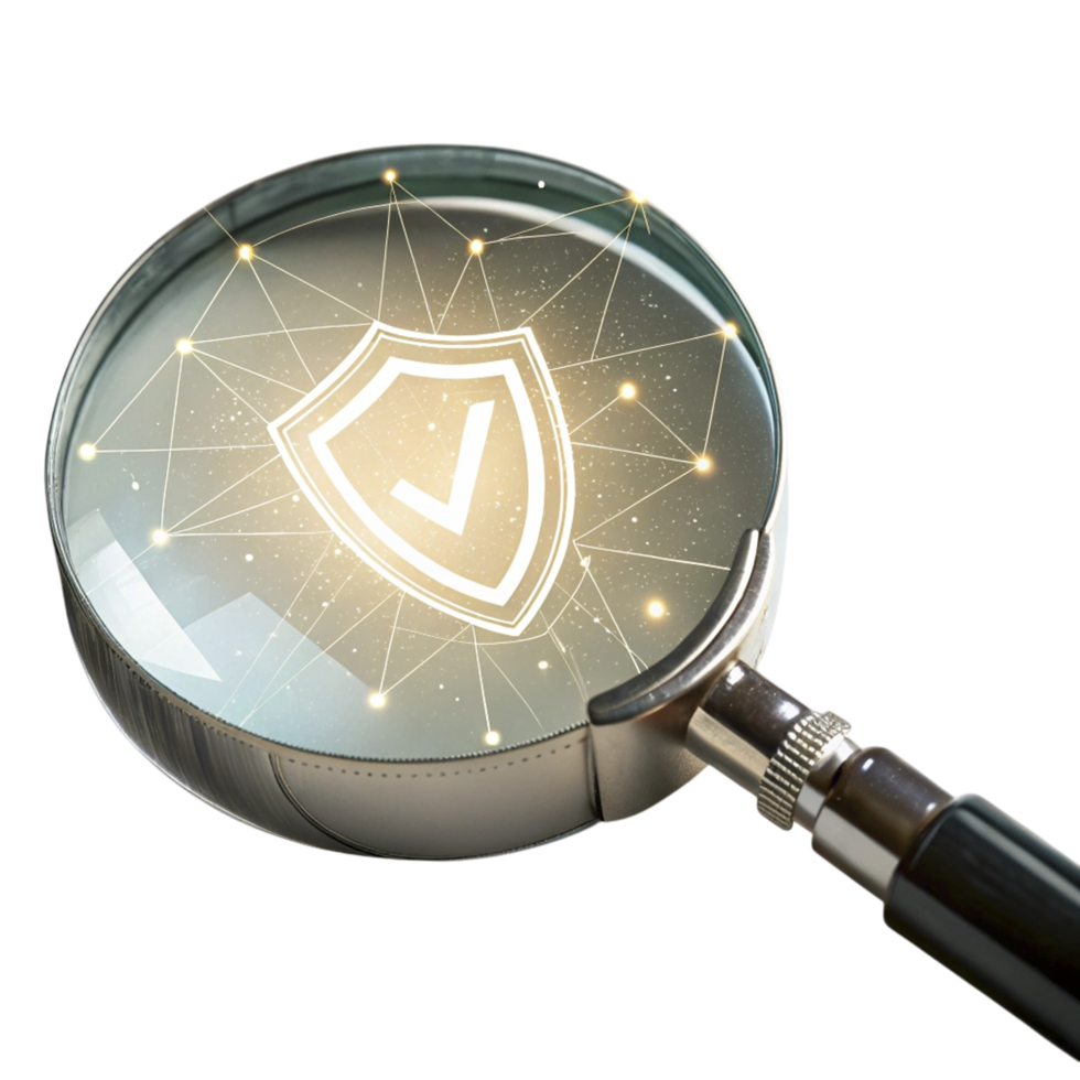 Magnifying glass with shield icon on black background png