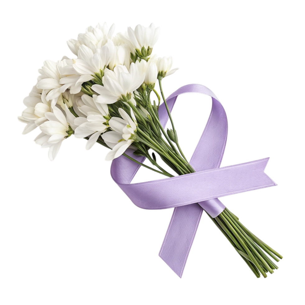 A bouquet of white daisies with a purple ribbon png