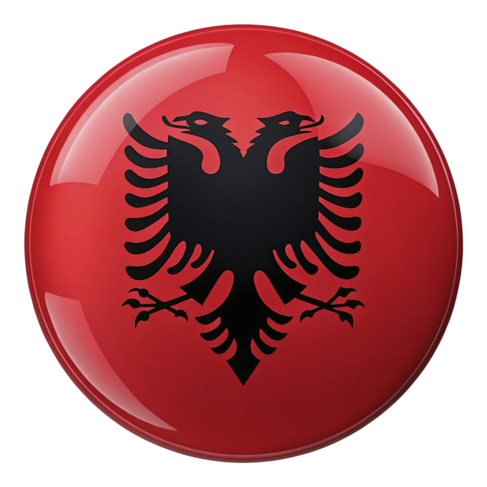 The flag of albania is shown in a red and black button png