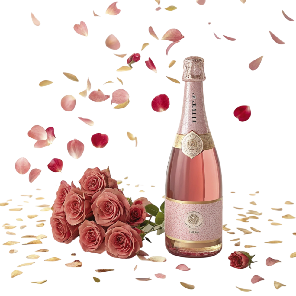 A bottle of champagne and roses on a black background png