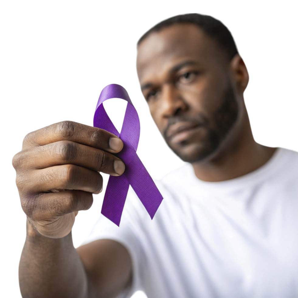 A man holding a purple ribbon png