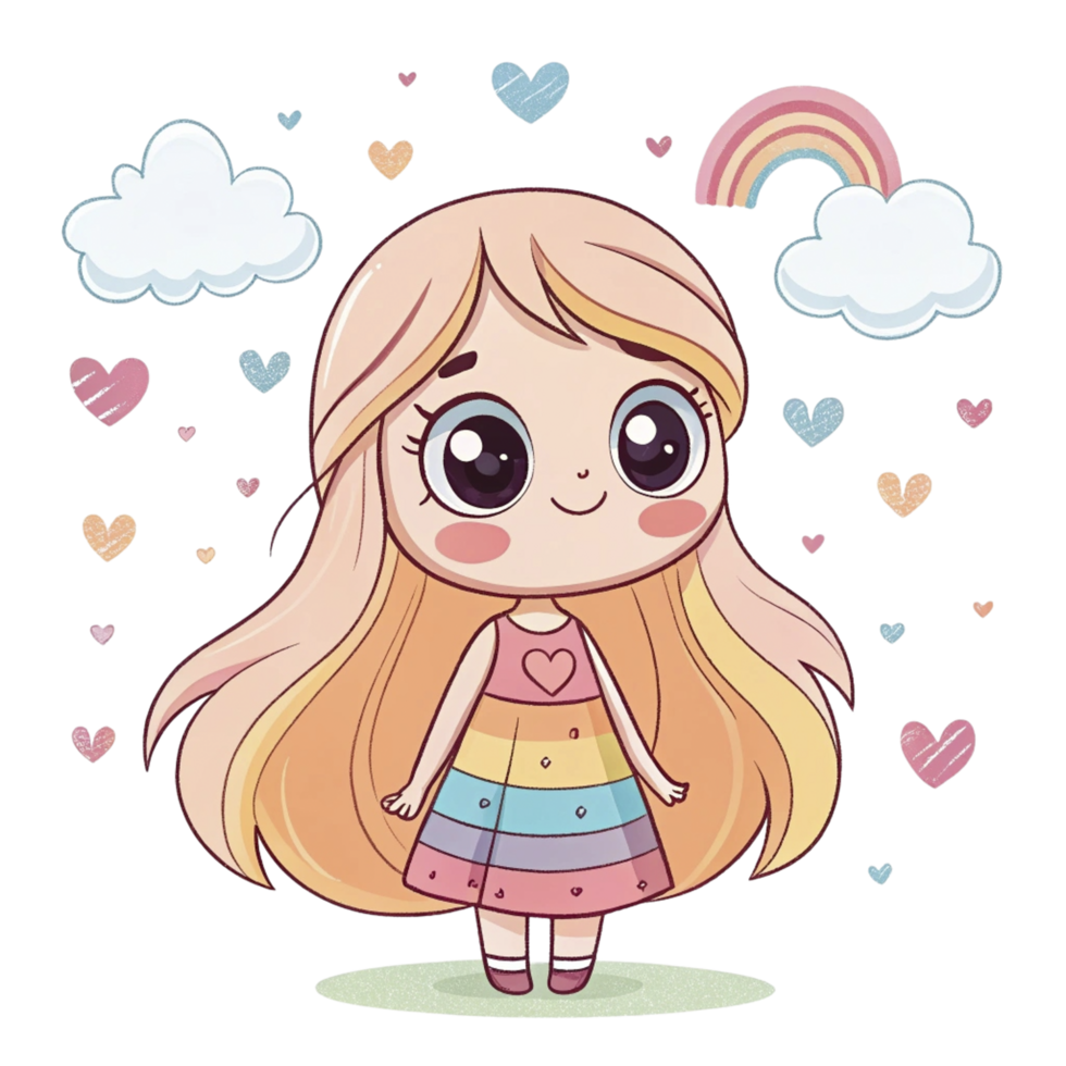 A cartoon girl with long hair and a rainbow dress png