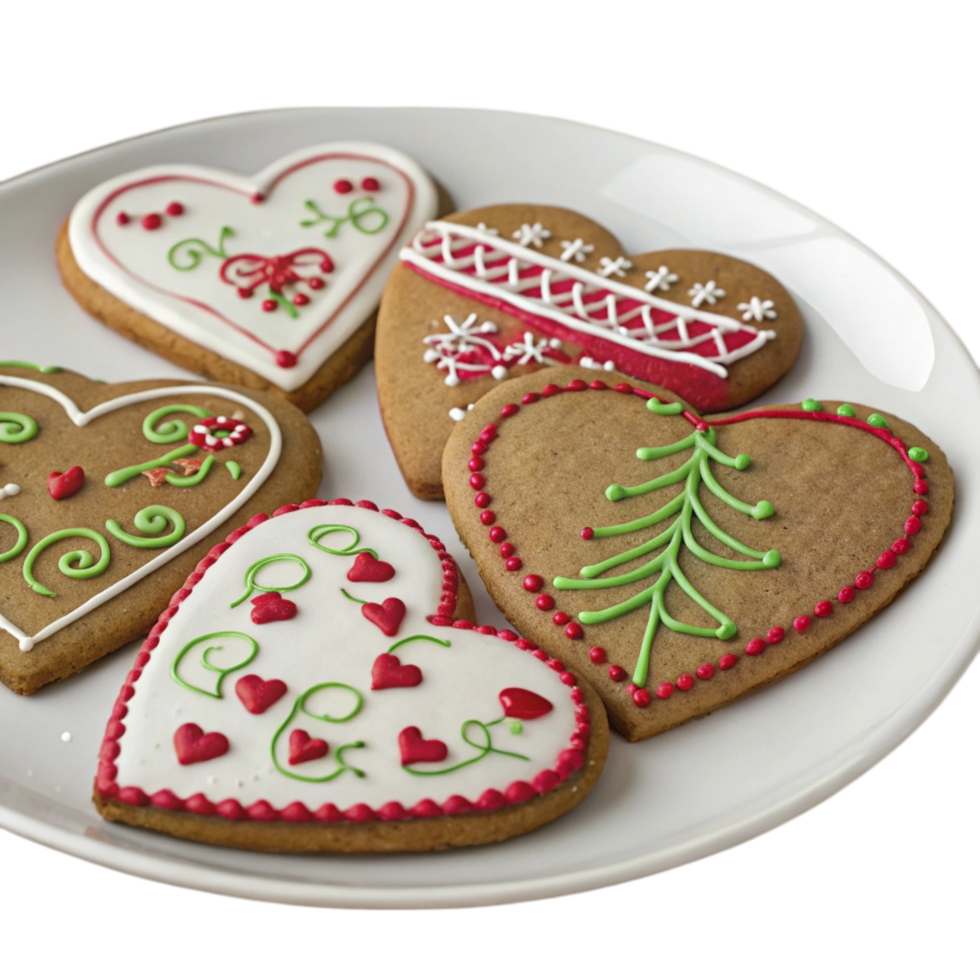 A plate of decorated gingerbread cookies with hearts and decorations png