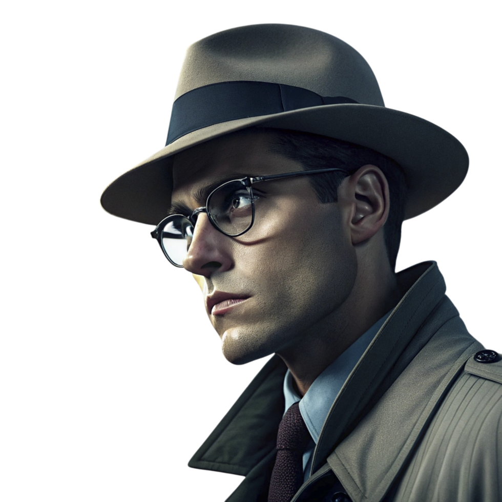 A man in a hat and glasses is looking off to the side png