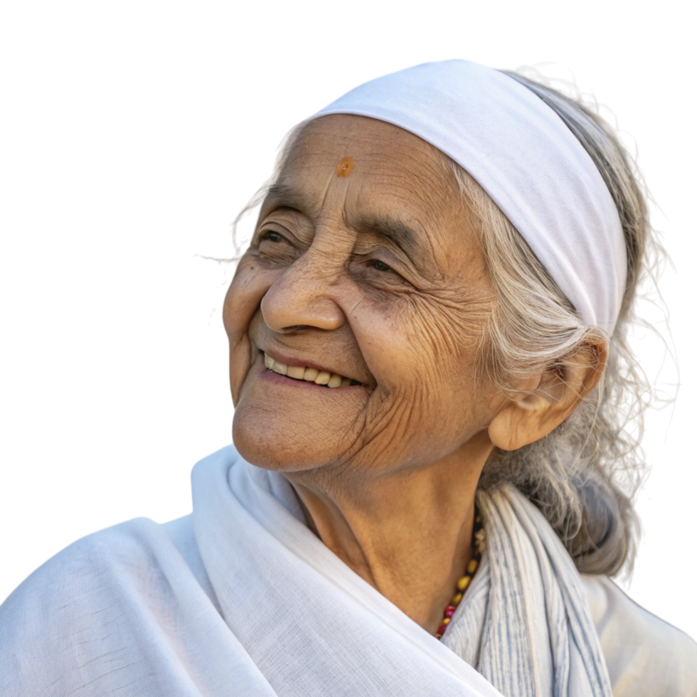 An elderly woman with a white headband smiles png